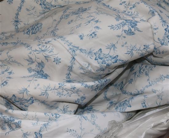 Pair of pale blue toile curtains, pelmets and tie backs